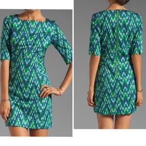 Milly Ikat Print Sheath Mini Dress 6 Blue Green Stretch Back Zip